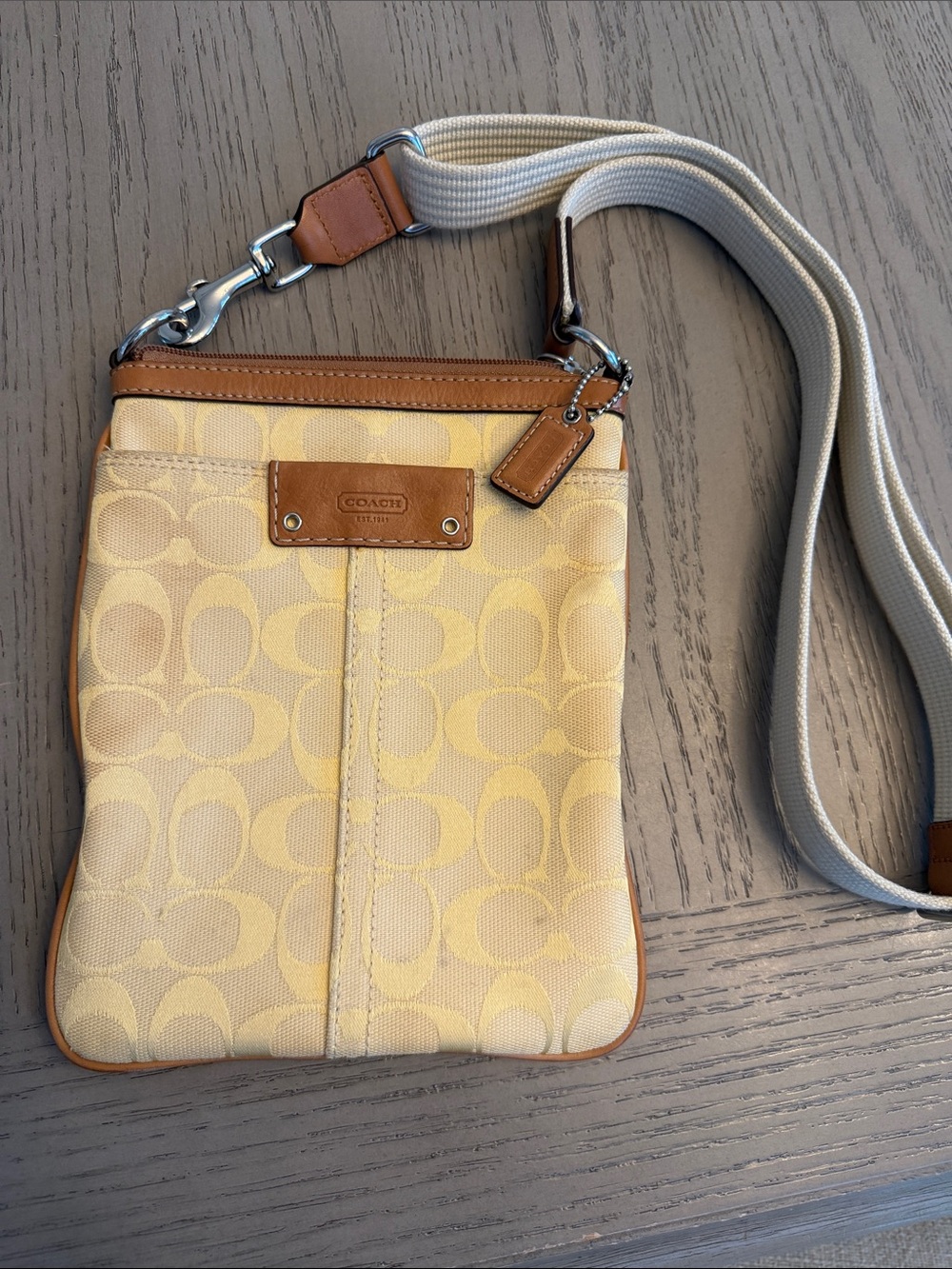 Coach Beige Signature Canvas Crossbody with Tan Leather